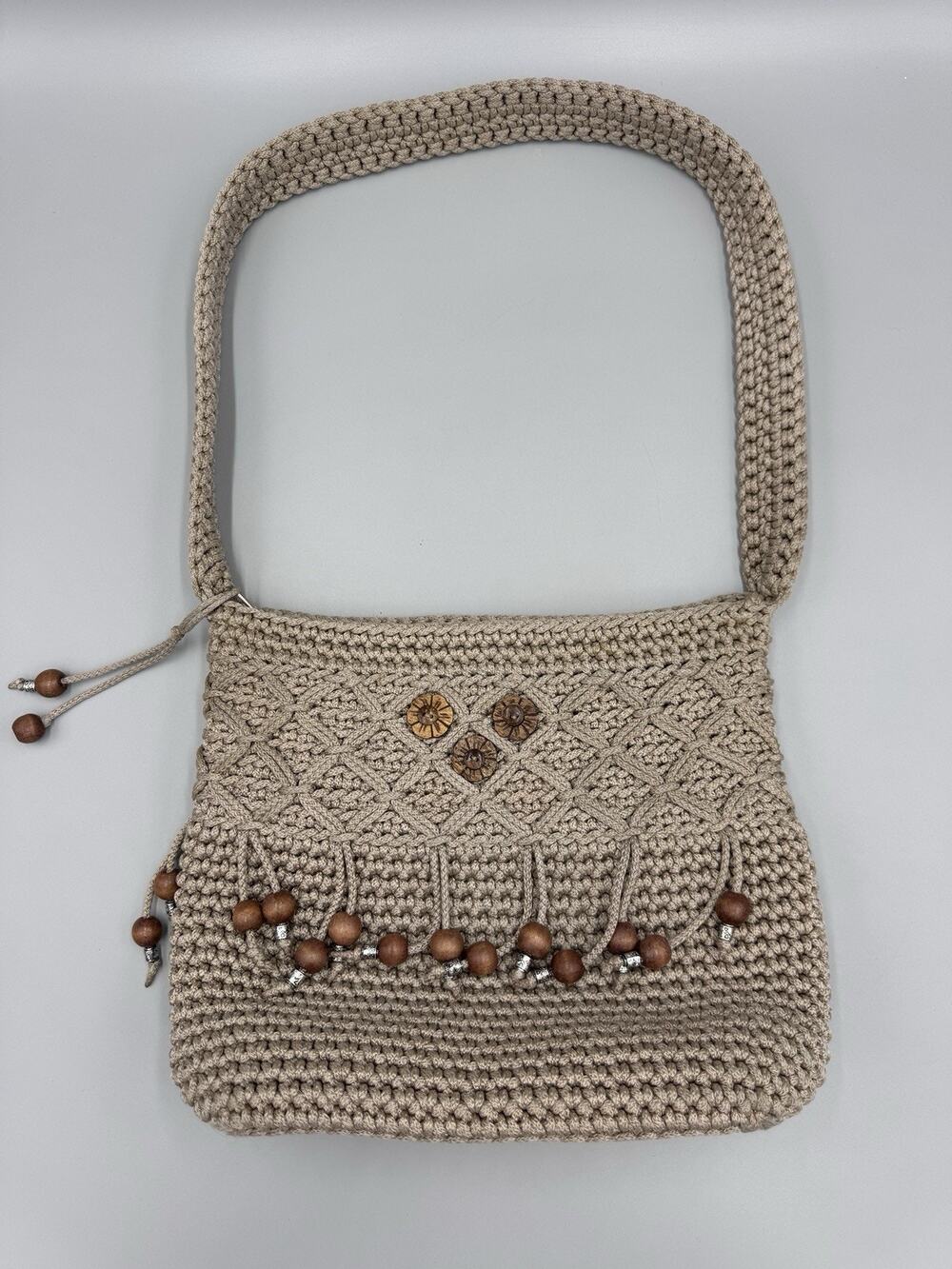 Hand Crocheted Zip Closure Shoukder Bag Taupe BoHo Style